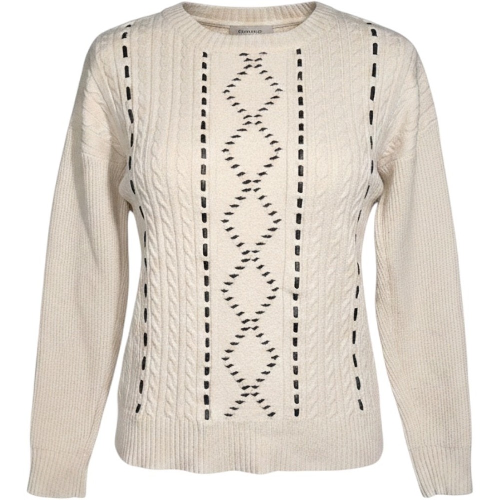Cyrus Womens Cream Cable Knit Sweater Crew Neck Chunky faux leather lace M GUC‎